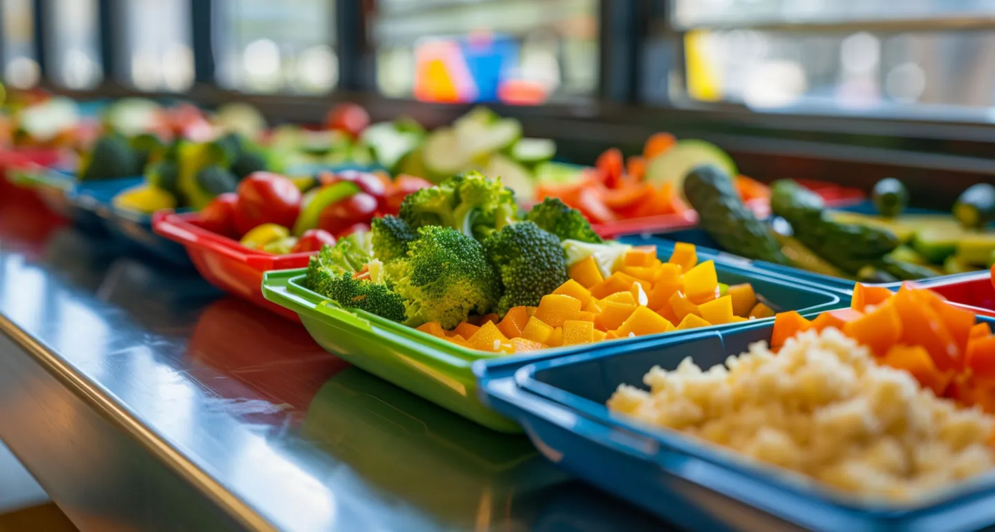 A row of colorful healthy school meals on trays