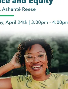 Headshot of Dr. Ashanté Reese with text describing CSPI webinar event on Black Food Geographies