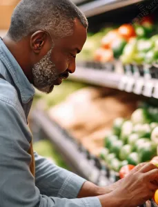 Man picking out fruit from grocery store shelves