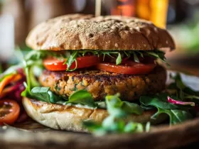 vegie burger on a plate with sesame bun and lettuce and tomato