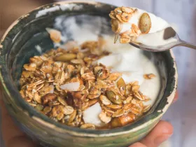 bowl of cereal and milk and yogurt