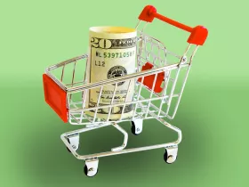 roll of cash in a shopping cart on green background