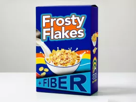 box of fictional cereal called frosty flakes + fiber