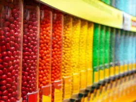 Colorful assortment of round candy drops in clear plastic containers arranged in a row.