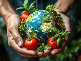 hands holding a planet and tomatoes