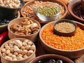 several wooden bowls fille with all different lentils and legumes