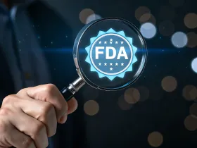 A man holding a magnifying glass with the FDA logo reflected in the glass