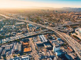 Aerial view of a freeway intersection in Los Angeles