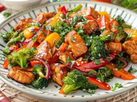 plate of tempeh with lots of veggies and sauce