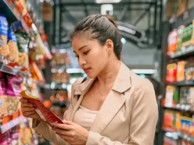 woman in grocery store looking at package of food