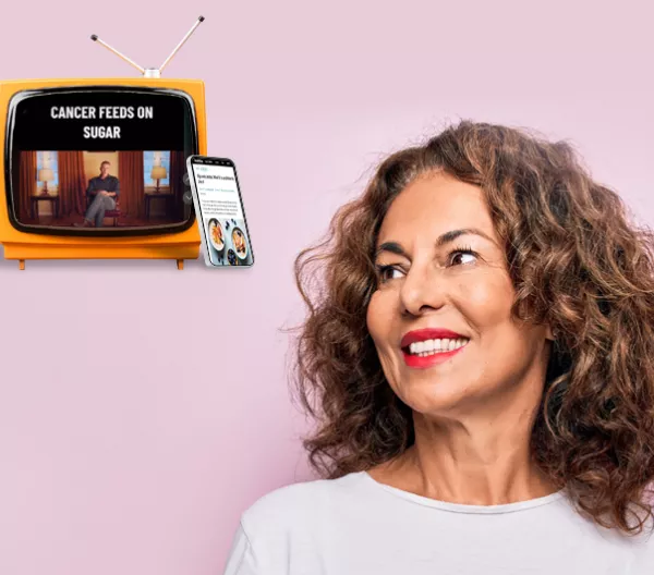 pink background with woman looking towards a tv and phone with diet ads on them