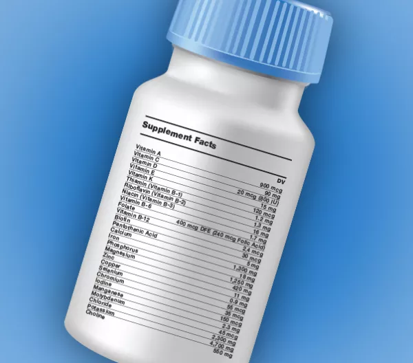 pill bottle with DVs and RDAs listed for vitamins