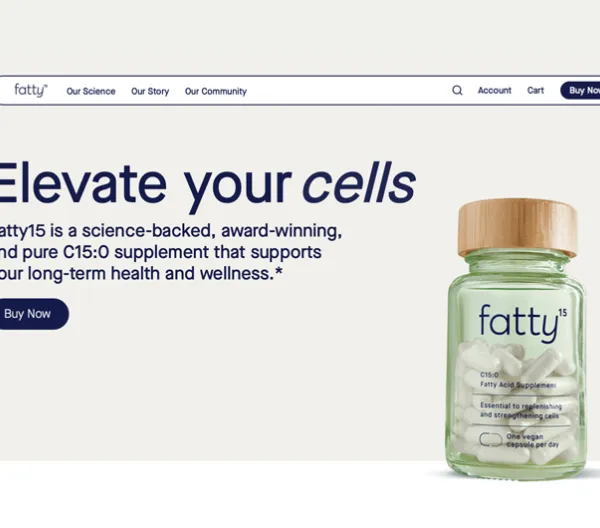 screenshot of fatty15 website with green supplement bottle