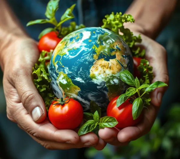 hands holding a planet and tomatoes