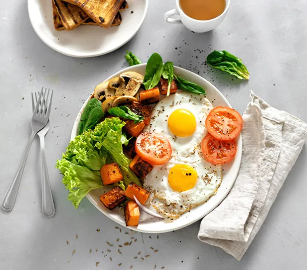 Savory breakfast with eggs and vegetables