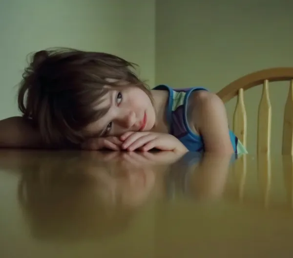 A little girl resting her head on an empty dining table. 