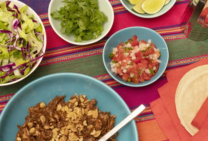 chicken mole with lettuce, cilantro, pico de gallo, and lime wedges