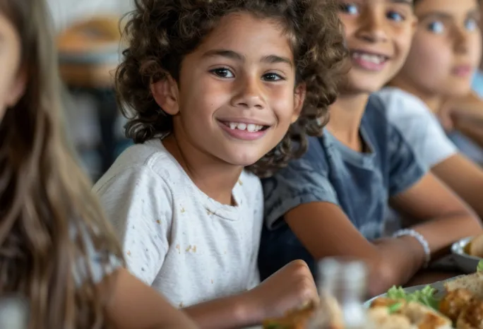 kids sitting at a table with food in front of them