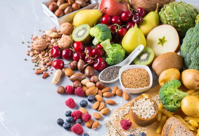 pile of different fruits, vegetables, nuts, seeds and legumes