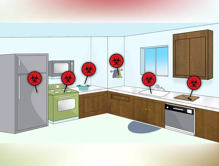 a kitchen with biohazard symbols