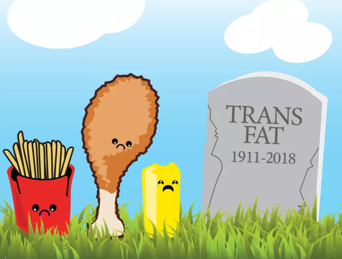cartoon of french fries, fried chicken, and margarine next to gravestone that reads "trans fat 1911-2018."