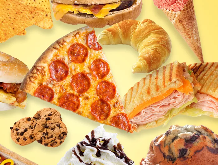 collage of junk food, including pizza, cookies, chips, and ice cream