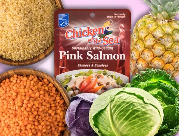 array of lentils, bulgur, salmon, pineapple, and cabbage