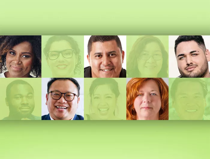 portraits checkered with green squares