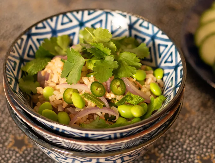 Bowl of thai style fried rice on wood background