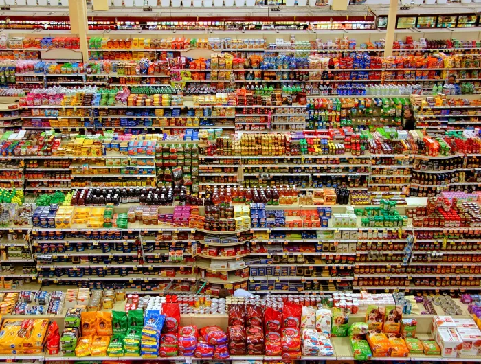 Supermarket aerial shot showing aisle after aisle of pre-packaged foods
