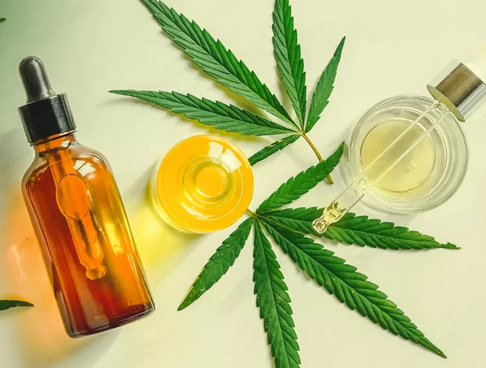flat lay of marijuana leaves and oils in clear bottles