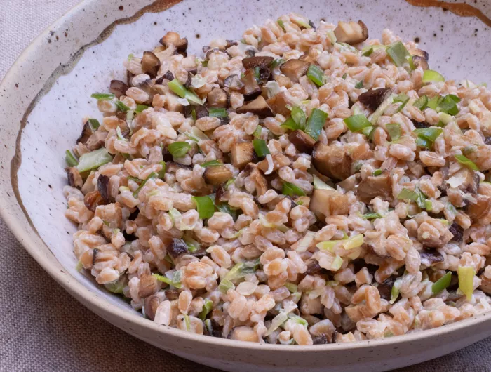 large bowl filled with creamy mushroom farrow