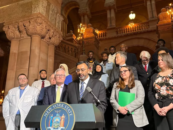 CSPI Regulatory Counsel Jensen Jose speaks at event announcing NY additive ban and GRAS reform bills A6424A-S6055B and S08615-A9295