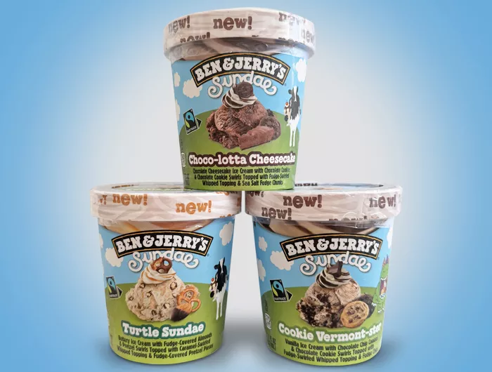 3 Ben & Jerry's Sundaes pints in a pyramid. Flavors included: Choco-lotta Cheesecake, Turtle Sundae, and Cookie Vermont-ster