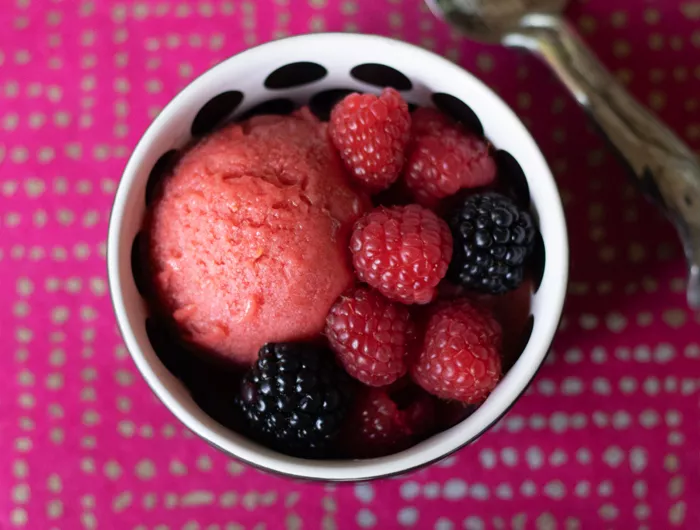 bowl of pink sorbet with berries in a white bowl on a bright pink background