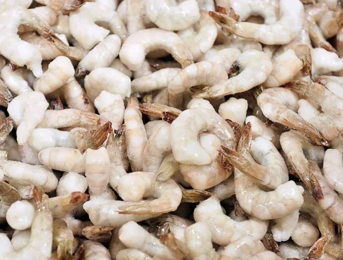 A closeup shot of frozen raw shrimp