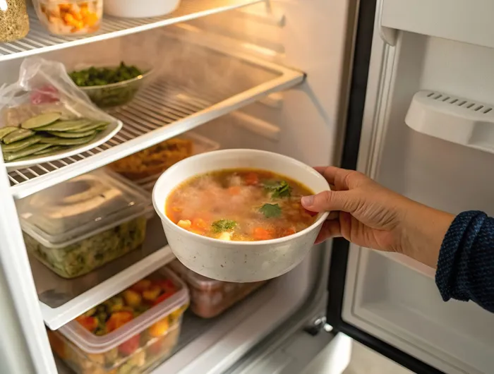 person putting uncovered bowl of stew into a fridge