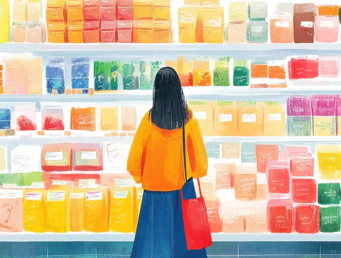 colorful painting of woman looking at grocery store shelves