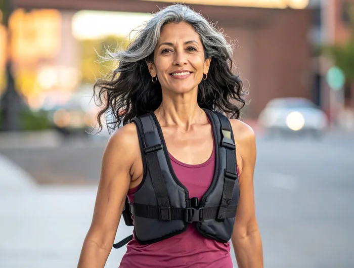 a middle aged woman walking wearing a weighted vest