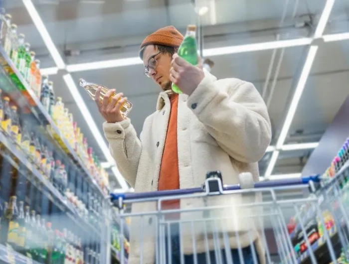 Guy in supermarket reads label, composition of sodas, chooses, compares prices, looks for benefits. Bottom view from grocery cart.