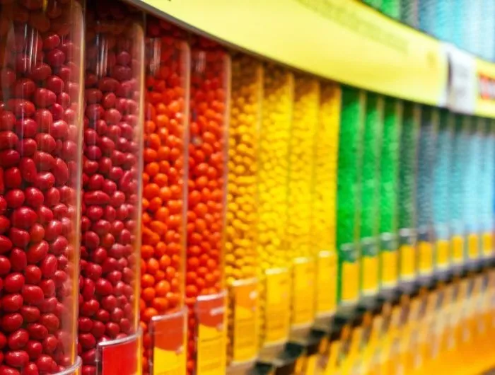 Colorful assortment of round candy drops in clear plastic containers arranged in a row.