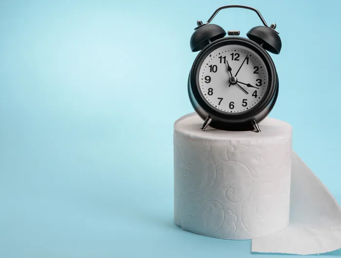 alarm clock sitting on a roll of toilet papper