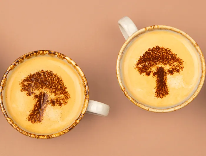 flat lay of mugs with mushroom shaped art