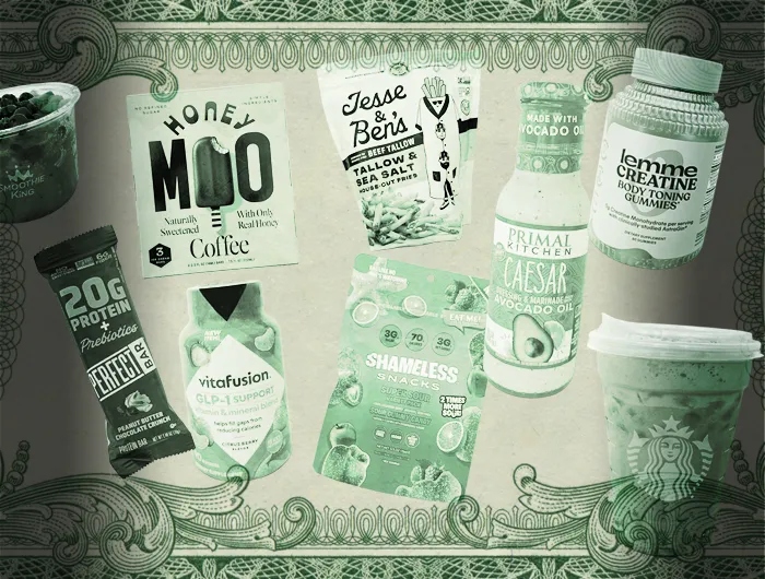 photo of different "health" foods with money-like border