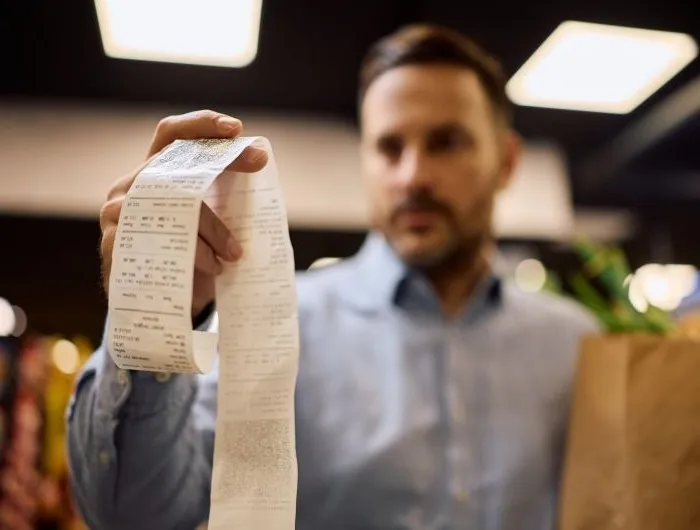 A man holds a grocery store receipt