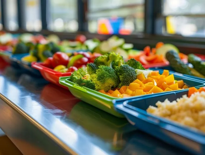 A row of colorful healthy school meals on trays