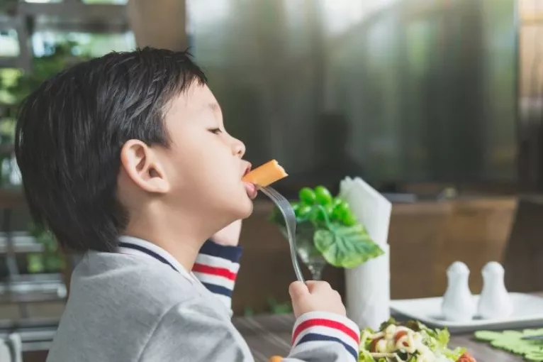 A child eats a healthy meal at a restaurant