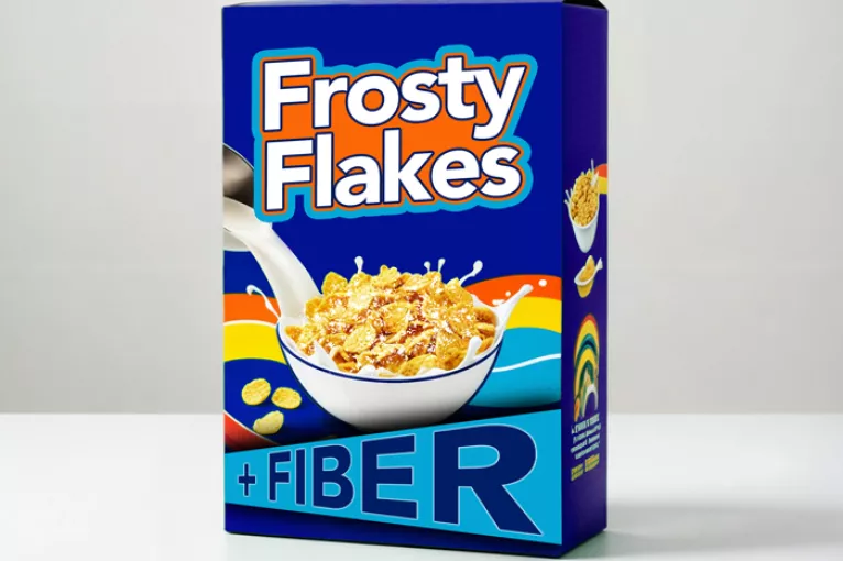 box of fictional cereal called frosty flakes + fiber
