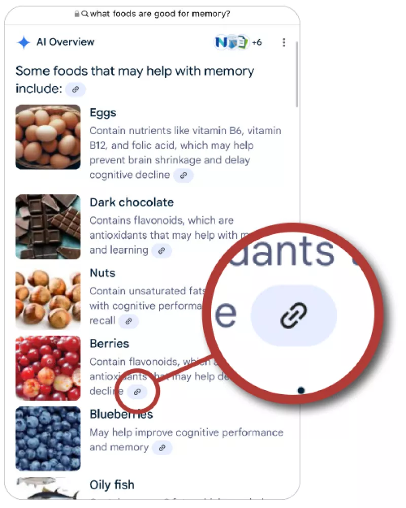 screen shot of google AI answer to "what foods are good for memory"