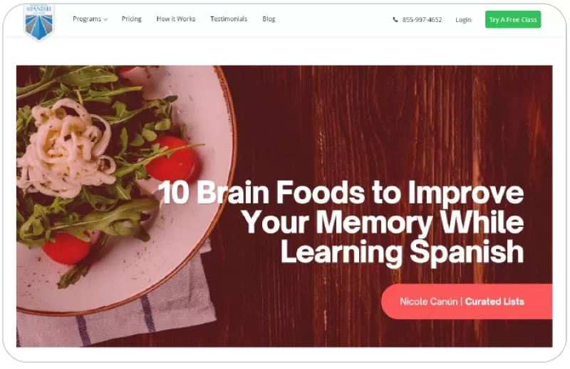 Screenshot with headline "10 brain foods to improve your memory while learning spanish"